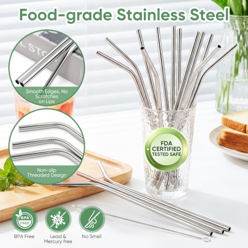 16 Pack Reusable Stainless Steel Straws with Silicone Tips & Cleaning Brushes