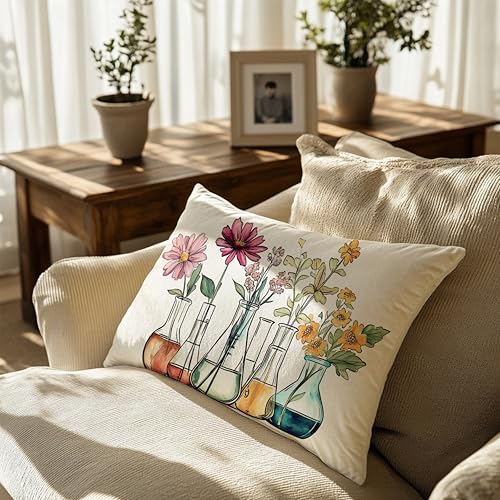 Chemistry Floral Beakers Pillow Cover 12x20 for Scientists