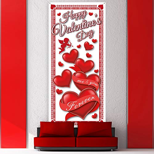 Happy Valentine's Day Door Cover - 78 x 35.4 Inch Red Heart Banner