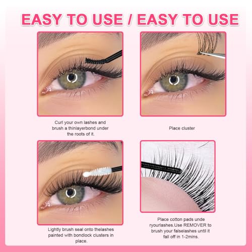 TOPQEEIST Wispy Lash Clusters Kit D Curl Individual Eyelash Extensions with Bond and Seal