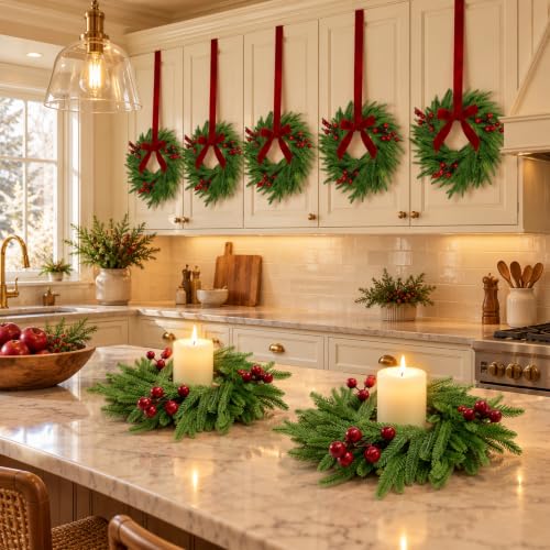 Mini Christmas Wreaths for Cabinets - Norfolk Style, 6 Pack, 11.5 Inches