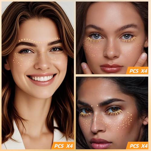 Mittimiya Gold Glitter Freckles Face Tattoo - 12 Sheets Waterproof Fairy Speckles Makeup Patches for Festivals and Raves