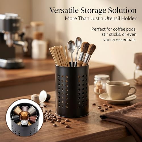 Black Stainless Steel Kitchen Utensil Holder, Farmhouse Countertop Organizer