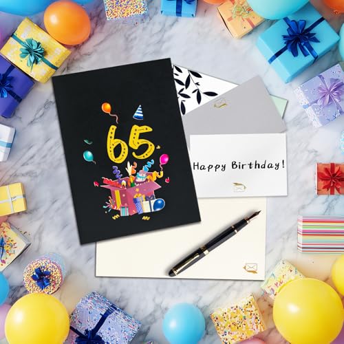 65th Birthday Pop Up Card - 3D Greeting Card with Balloons & Cake