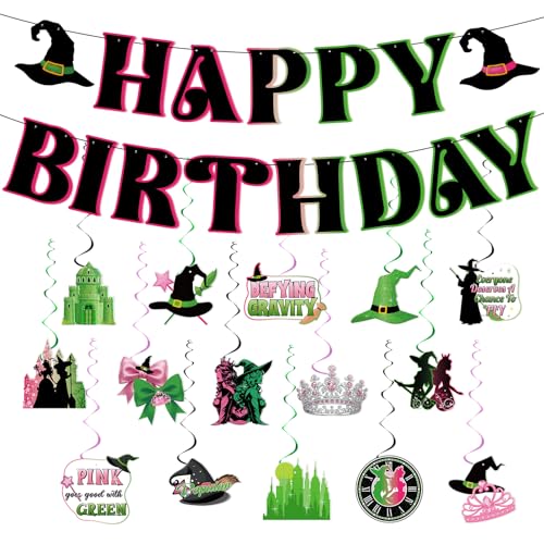 Witch Birthday Decorations Set - Pink & Green Banner & Swirl Streamers