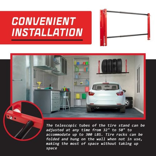 Tire Rack - 32 to 50in Adjustable Tire Storage Rack - Wall Mounted Garage Shelving for Seasonal Tires - 300lb Capacity - Car Accessories by Stalwart