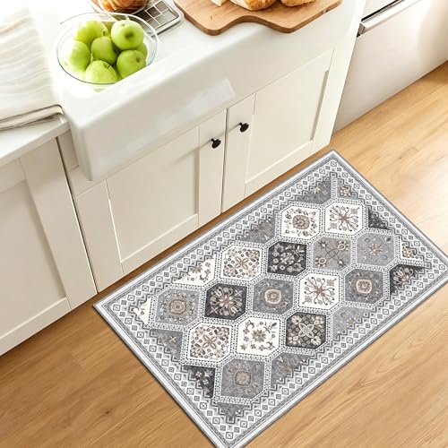 Ema Gray/Gold 2x3 Washable Non-Slip Entryway Rug - Boho Moroccan Style