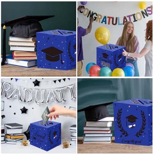 Graduation Card Box for Class of 2026 - Foldable Blue Gift Holder