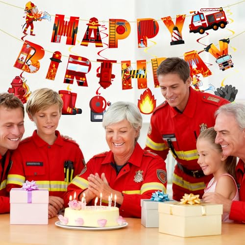 Firetruck Birthday Party Decorations Set with Banner and Hanging Swirls