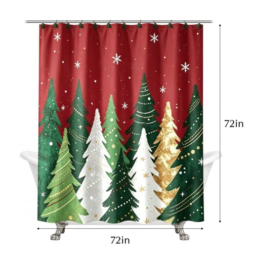 Red Christmas Shower Curtain with Pine Trees and Snowflakes - 72x72 Inches
