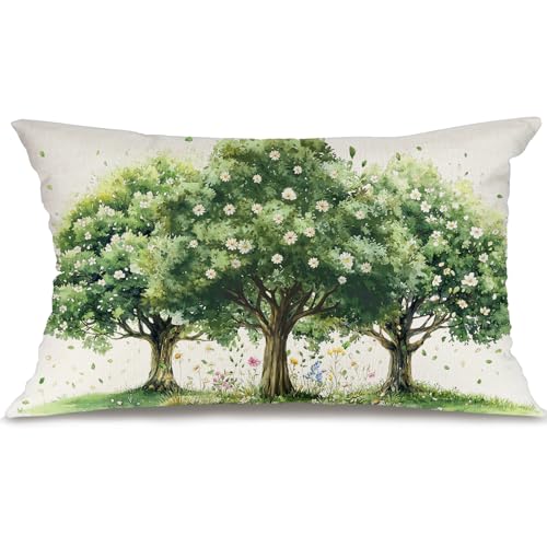 Spring Farmhouse Pillow Cover 12x20 Inch – Trees & Flowers Decor