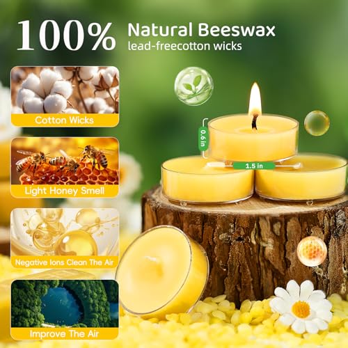 MAKALONE 12-Pack Pure Beeswax Tea Light Candles, 2-Hour Smokeless Burn