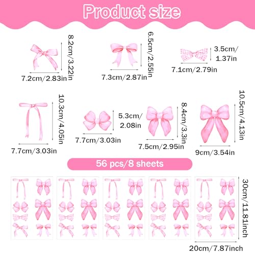 56 Pcs Pink Bow Wall Stickers - Watercolor Aesthetic Decor