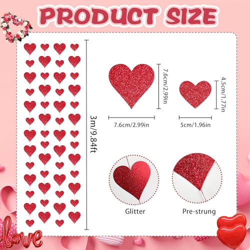 4-Pack Glitter Heart Garland - Valentine's Day Decorations