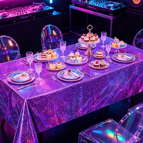 Holographic Purple Tablecloths - 54x108 Inch Iridescent Party Covers (3 Pack)