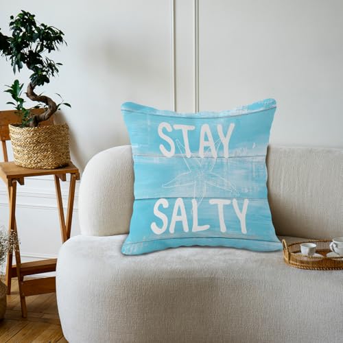 Stay Salty Coastal Throw Pillow Cover - 18x18 Inch Nautical Blue Flannel