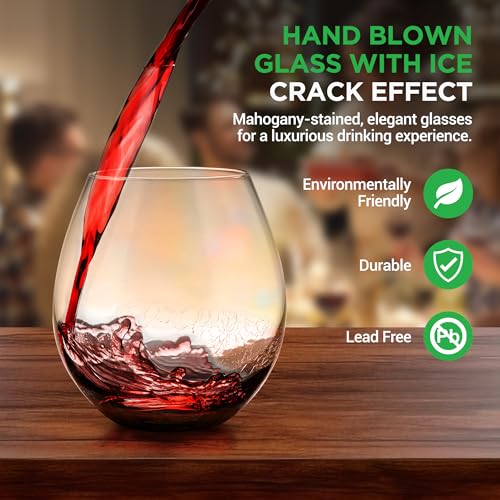 NutriChef Stemless 4 Wine Glasses 15 Ounces, Hand Blown Glasses for Home, Bar & Restaurant, Dishwasher Safe, Gift Set for Wine Lovers, Friends