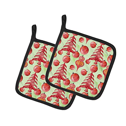 Christmas Tree and Ornaments Pot Holders Set - Red Holiday Kitchen Decor