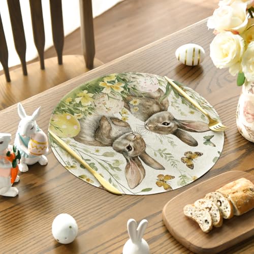 14 Inch Egg Bunny Rabbit Butterfly Floral Easter Placemats Set of 4 - Beige