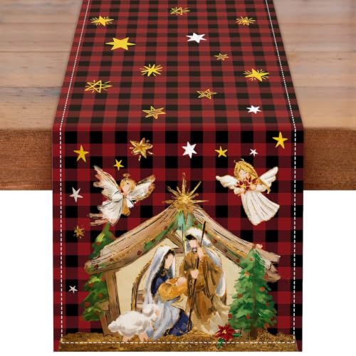 Christmas Angel Buffalo Plaid Nativity Scene Table Runner - Festive Holiday Decor
