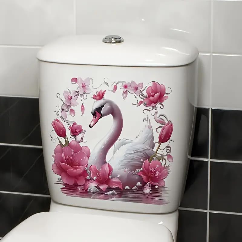Floral Swan Toilet Lid Decal - Waterproof Self-Adhesive Bathroom Sticker