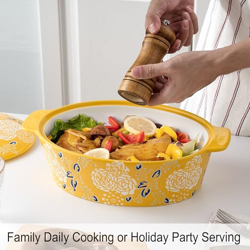 Yellow Ceramic Casserole Dish with Lid - Oven Safe Baking Pan for Cooking & Serving