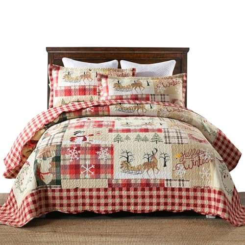 King Christmas Reindeer Plaid Quilt Set - Red Patchwork Bedding