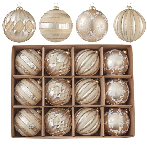 Velvet Christmas Ornaments 12Pcs - Champagne Gold & Cream Flocked Shatterproof Decorations