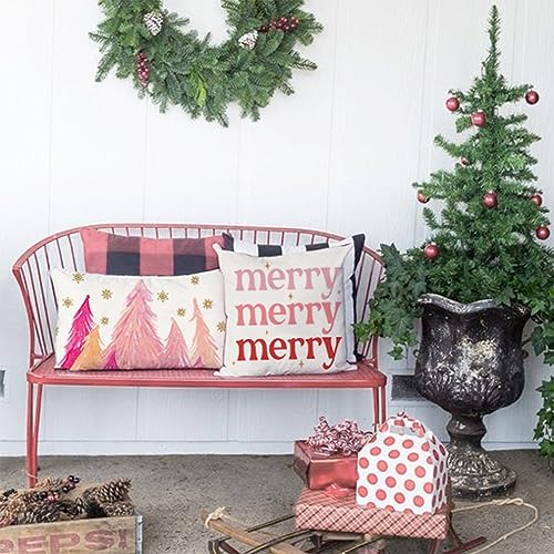 Pink Christmas Tree Pillow Cover 12x20 Snowflake Holiday Decor - Pack of 1
