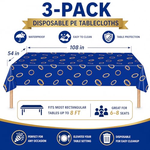 3-Pack Blue Gold Ring Print Disposable Tablecloths - 54x108 Inches