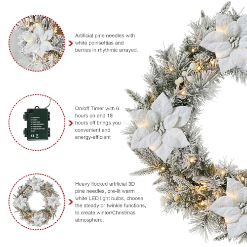 Poinsettia 24-Inch Christmas Wreath with Lights and Timer - Snow Flocked Greenery