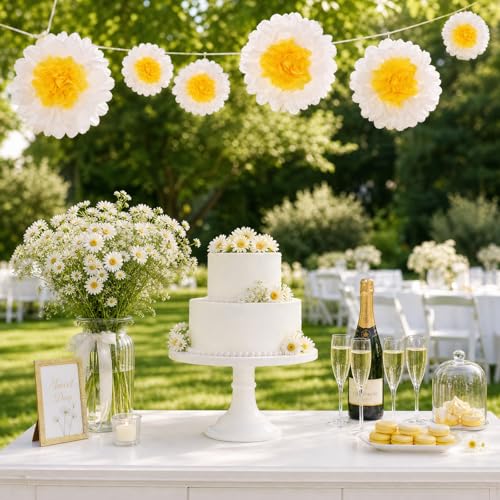 10-Pack Daisy Tissue Paper Pom Poms 8 & 12 Inch Hanging Floral Decor