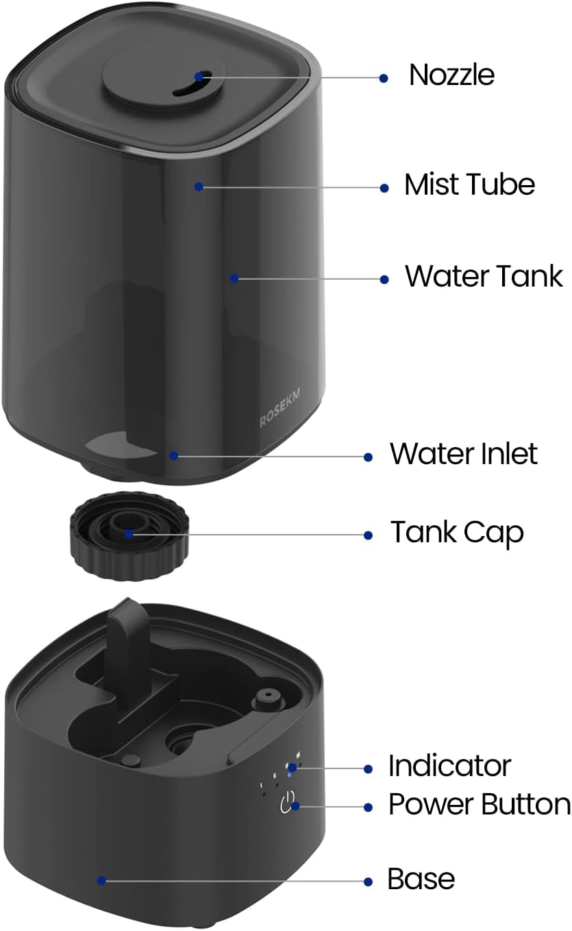 ROSEKM Cool Mist Humidifier - 2.0L Ultrasonic Design for Bedroom & Nursery | Quiet, Filterless, Auto Shut-Off, Black