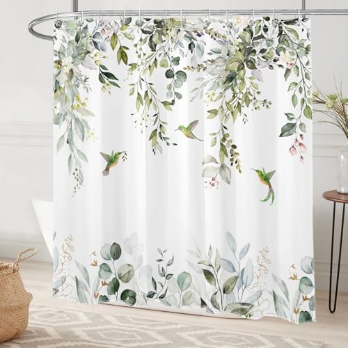 Sage Green Eucalyptus Shower Curtain - 72x72 Inch Floral Hummingbird Print