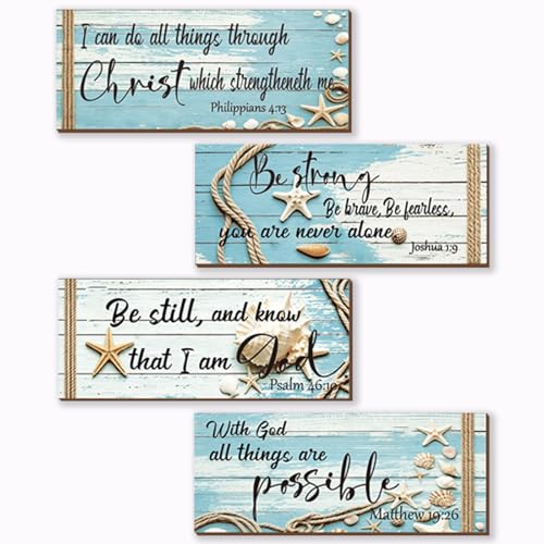 4-Piece Ocean Bible Verse Wall Decor, Rustic Farmhouse Wooden Signs 10x4"