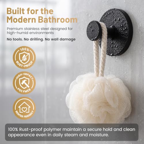 Black Suction Cup Shower Hooks, 15 lb Heavy Duty No Drill Towel Hangers (2 Pack)