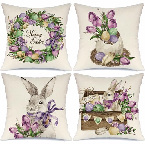 Easter Throw Pillow Covers 18x18 Set of 4, Spring Farmhouse Cushion Cases