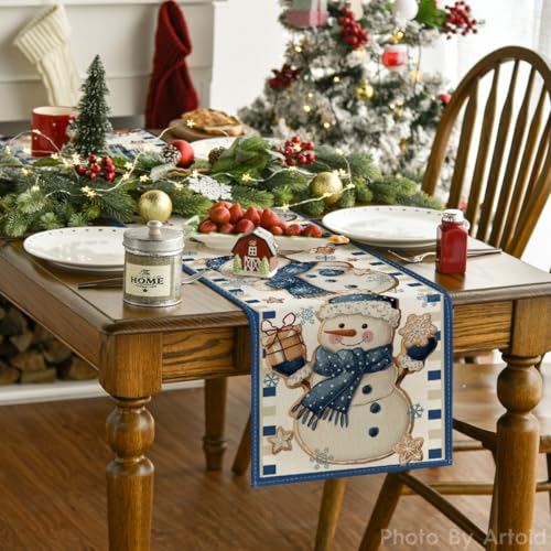 Snowman Gift Table Runner 13x90 Inch Winter Decor for Home & Party - Blue Variation