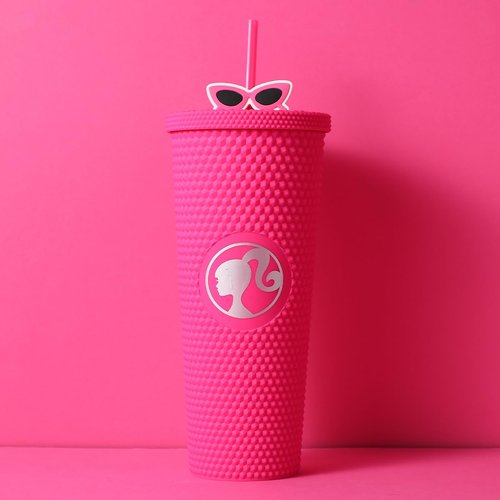 MINISO Barbie Travel Tumbler 24 oz Studded Cup with Lid and Straw Vacuum Insulated Water Bottle Holder Compatible BPA-Free Fashionable Plastic Cup for girls and kids| Car School Home Party Pink