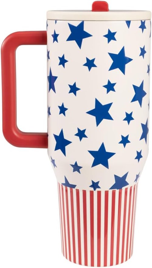 HydroJug Traveler - 40 oz Insulated Water Bottle with Handle & Flip Straw - Fits Cup Holder, Leak Resistant, Americana Design