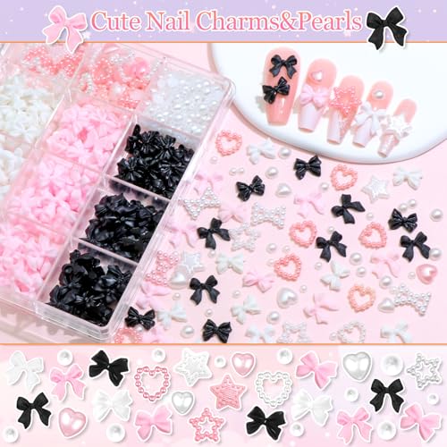RODAKY Bow Nail Charms with Flatback Pearls and Resin Bowknot Set