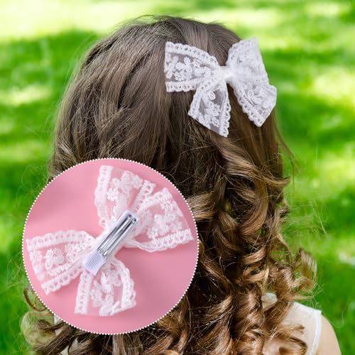 White Lace Hair Bow Clips - 2Pcs Small Mesh Bowknot Barrettes for Women