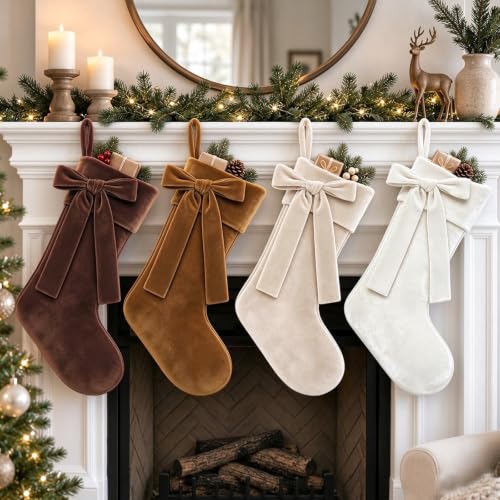 YUJUN 4 Pack 18in Brown Velvet Christmas Stockings Holiday Decor