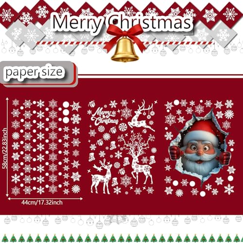 Christmas Window Clings Double Sided 3D Santa Reindeer Snowflake Vinyl Decals - Red White
