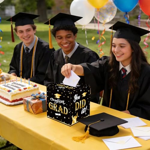 2026 Graduation Card Box - Foldable Black & Gold Gift Holder