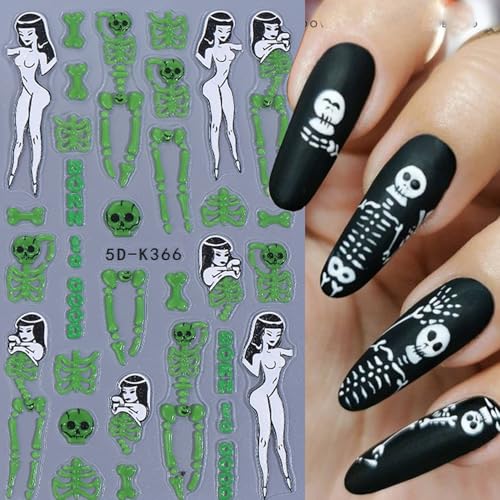 TailaiMei Glow in the Dark Halloween Nail Stickers Skeleton Bones Decals