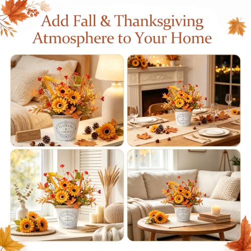 Fall Thanksgiving Table Centerpiece with Flowers - Vintage Metal Pot