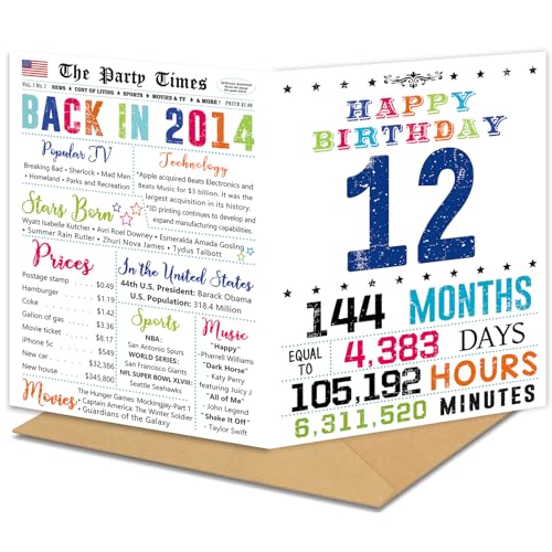 12th Birthday Card for Boys & Girls - HEJOYN QQ-202, 10.6x7.9 Inches