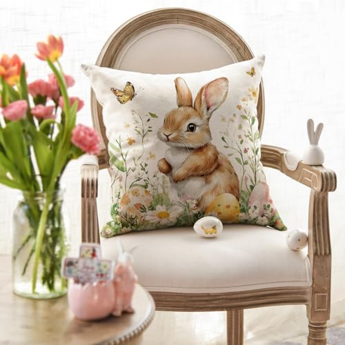 AVOIN colorlife Easter Bunny Throw Pillow Cover, 18x18 Inch Floral Case