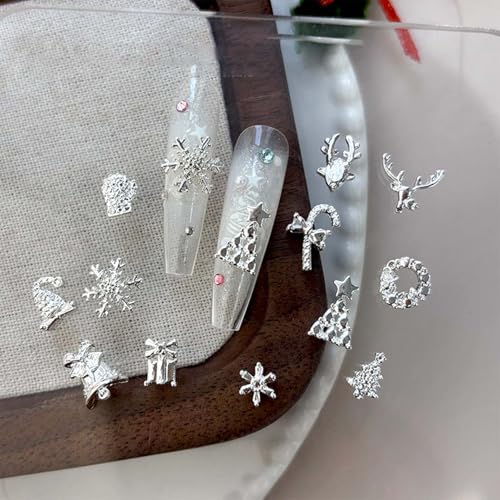 ONPRESS 48Pcs Christmas Nail Charms Silver Alloy Holiday Nail Art Rhinestones